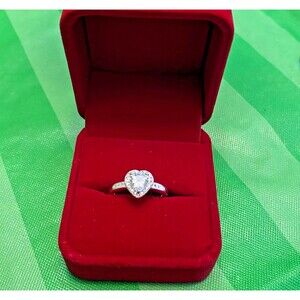 Silver Tone Heart Ring Size 6 Clear CZ Halo Engagement Style
